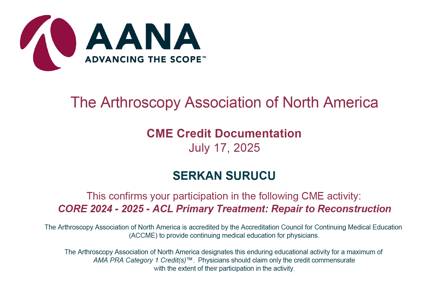 AANA ACL Primary Treatment Repair to Reconstruction — Sertifikalar
