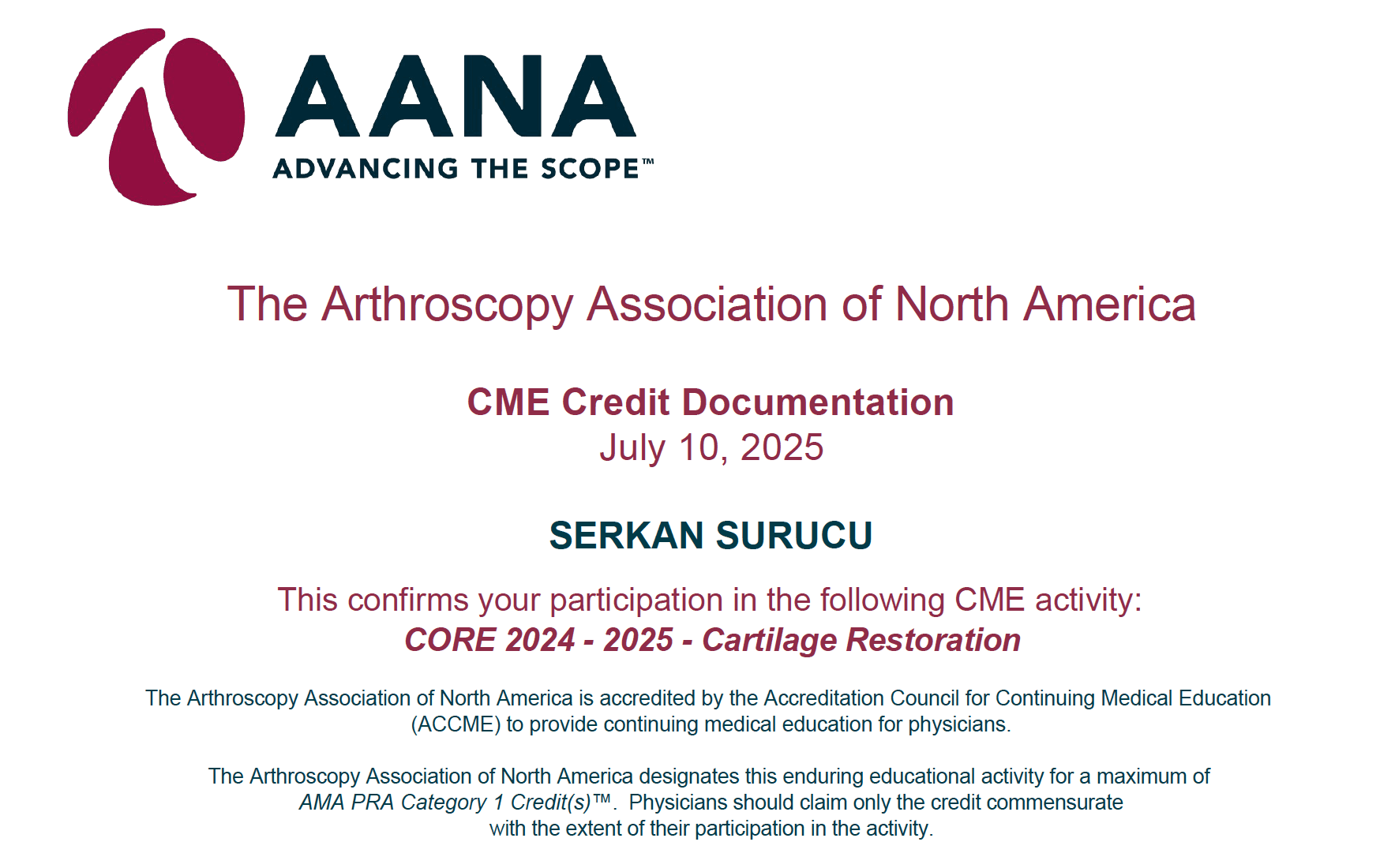 AANA Cartilage Restoration — Sertifikalar