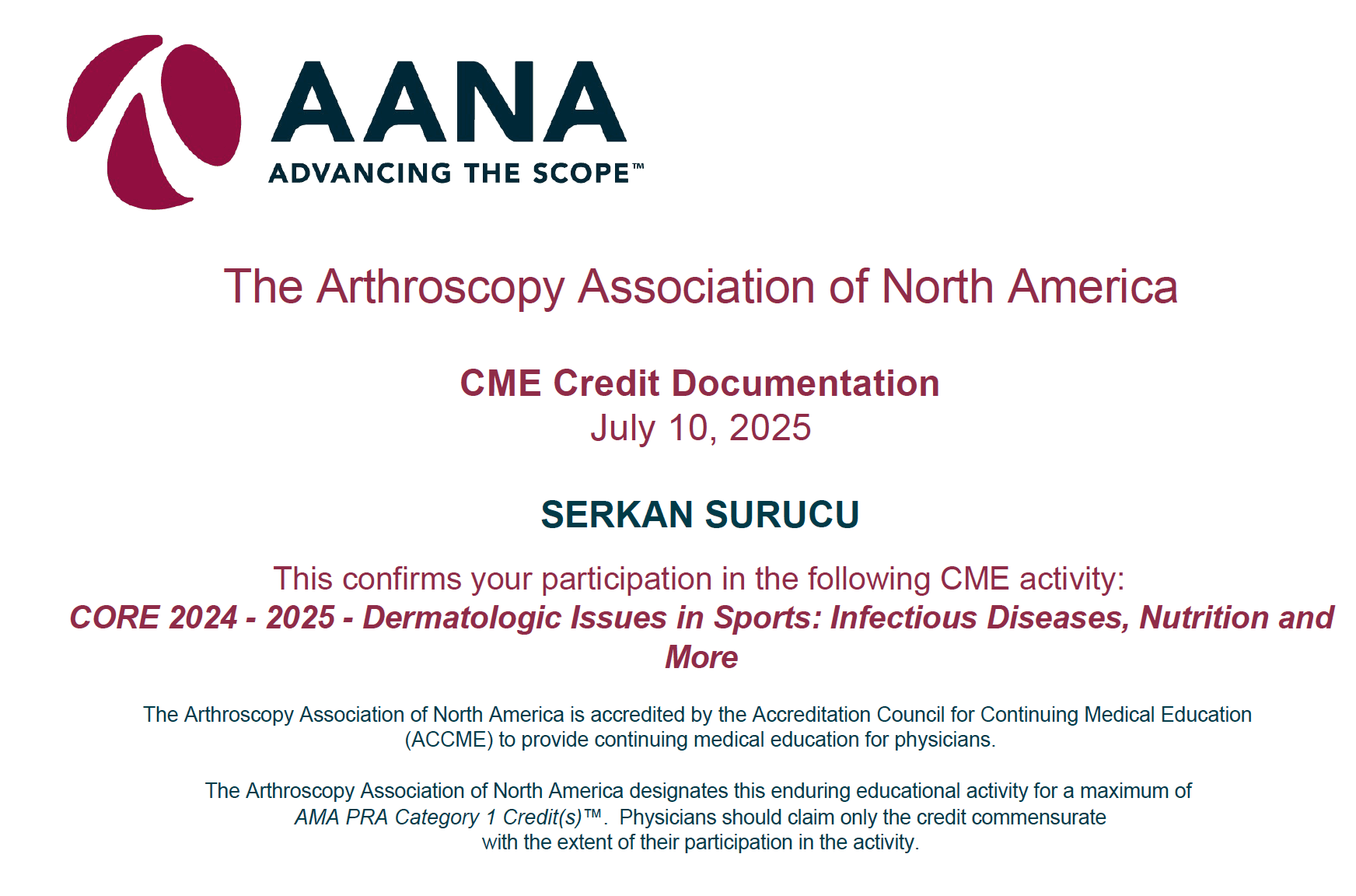 AANA Dermatologic Issues in Sports — Sertifikalar