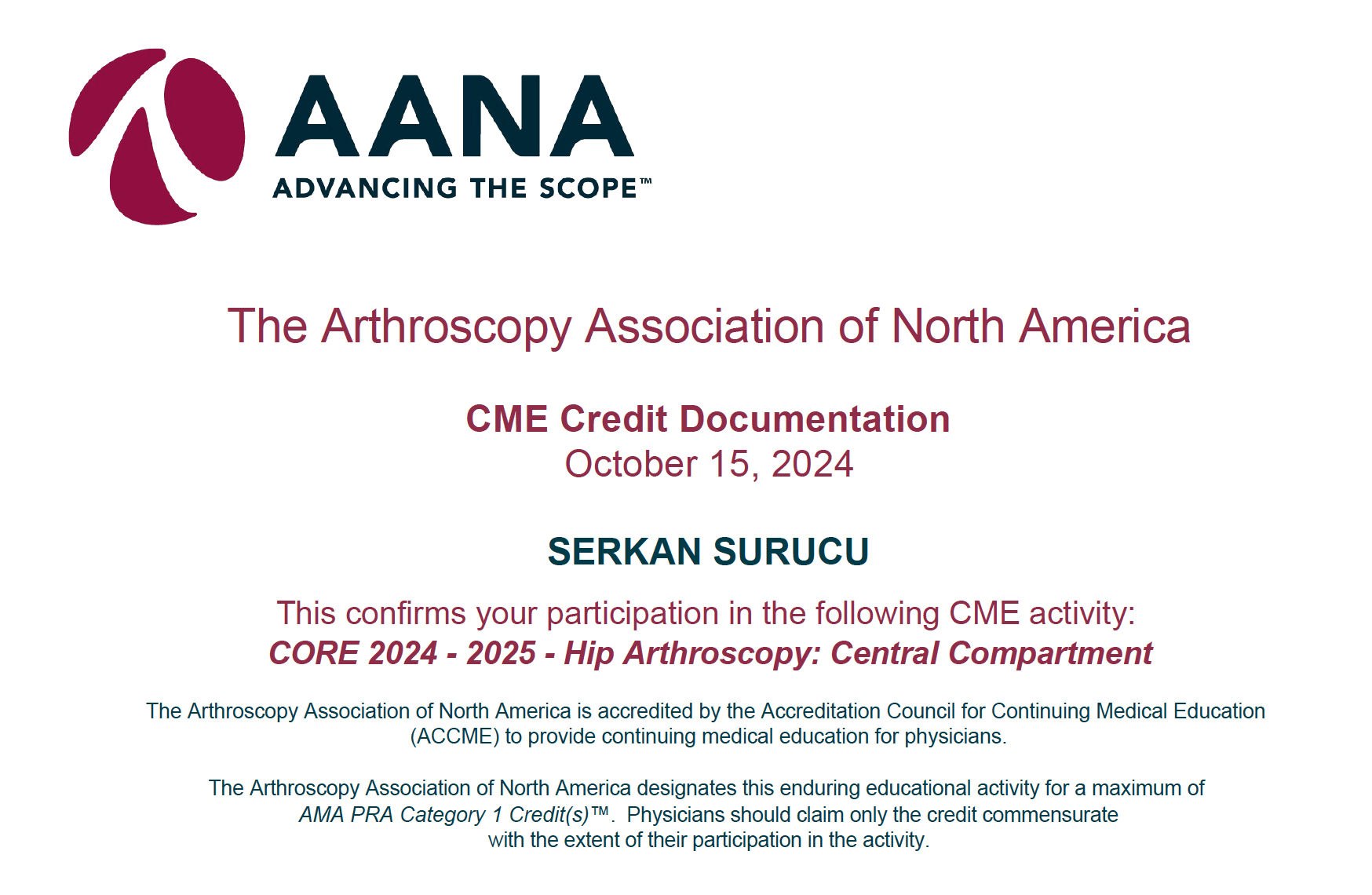 AANA Hip Arthroscopy Central Compartment — Sertifikalar