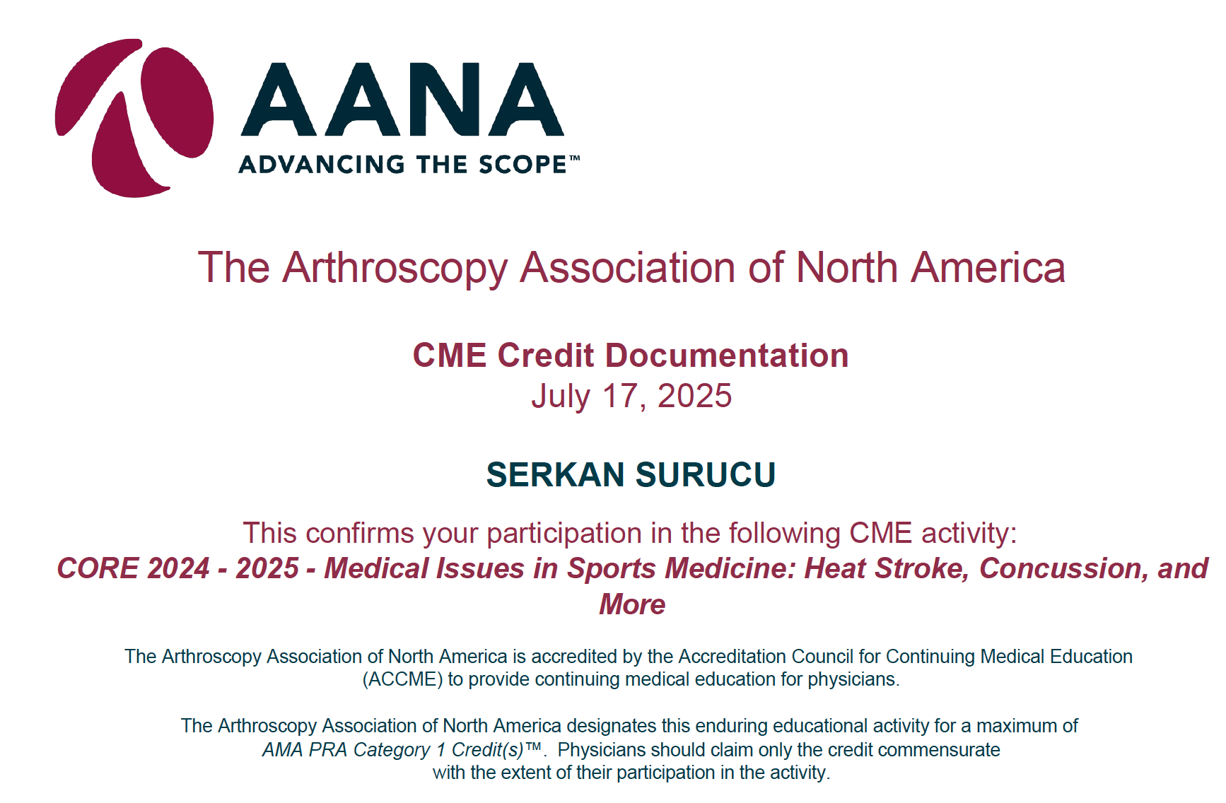 AANA Medical Issues in Sports Medicine — Sertifikalar