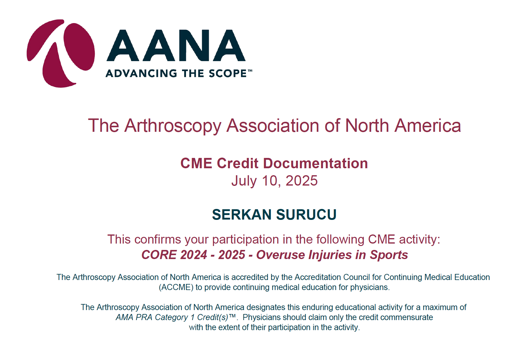 AANA Overuse Injuries in Sports — Sertifikalar