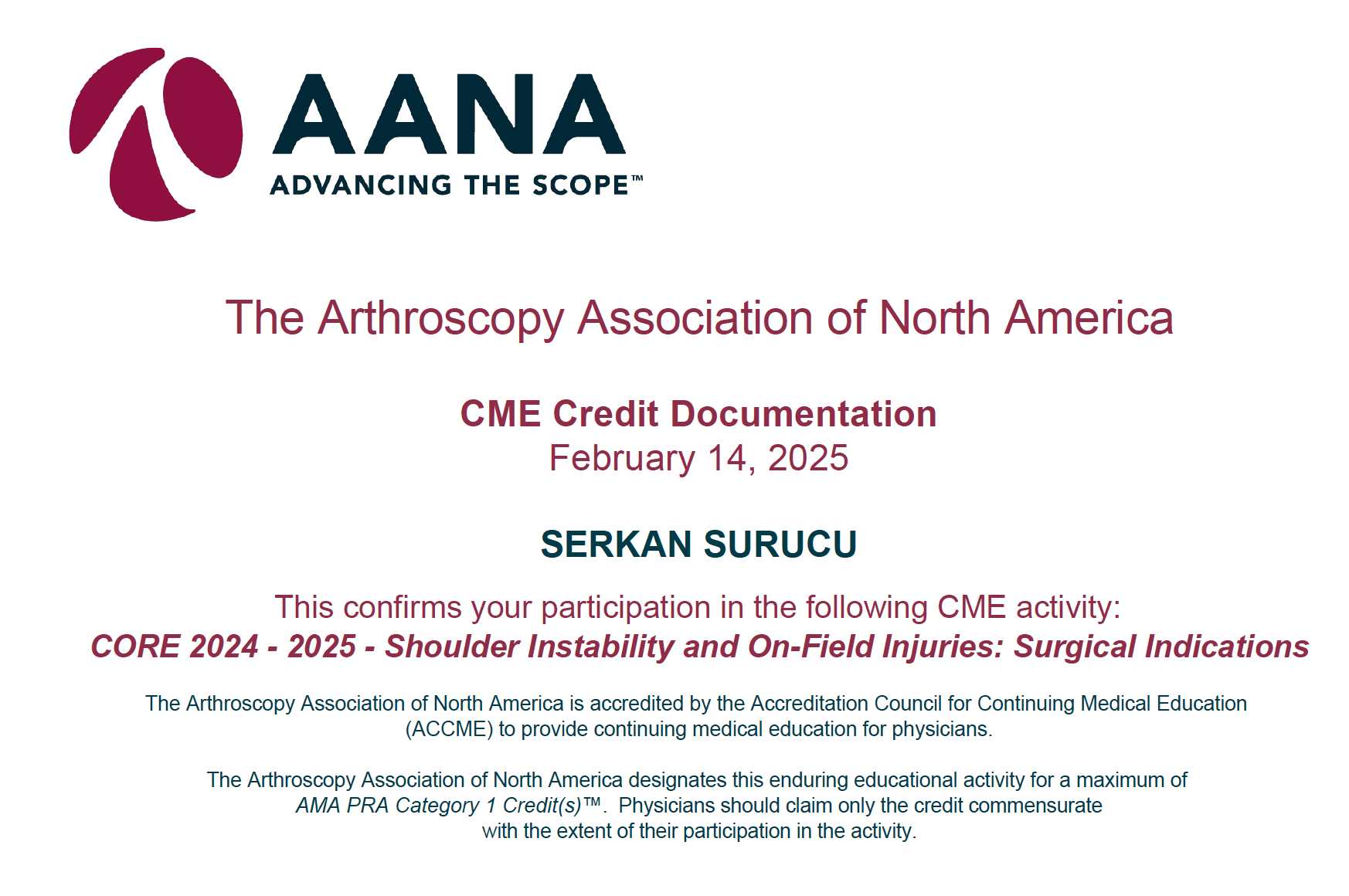 AANA Shoulder Instability — Sertifikalar