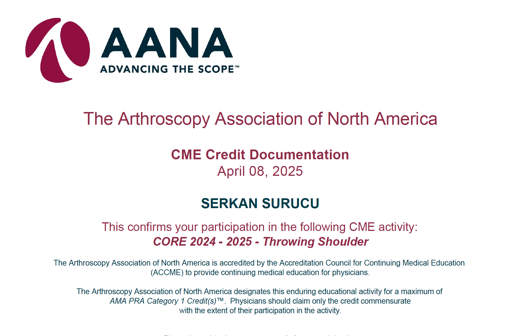 AANA Throwing Shoulder — Sertifikalar