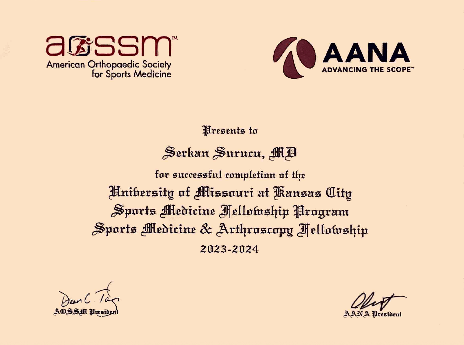 AOSSM UMKC Certificate — Sertifikalar